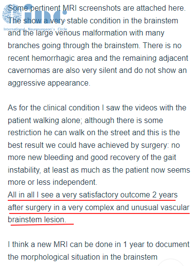 60多岁王先生脑干海绵状血管瘤术后2年最新随访情况