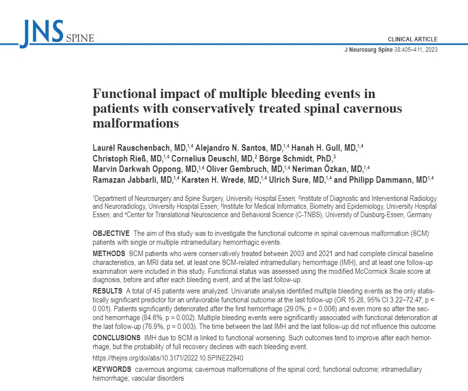 JNS：反复出血的脊髓海绵状血管瘤保守治疗，神经损伤恢复可能性多大？