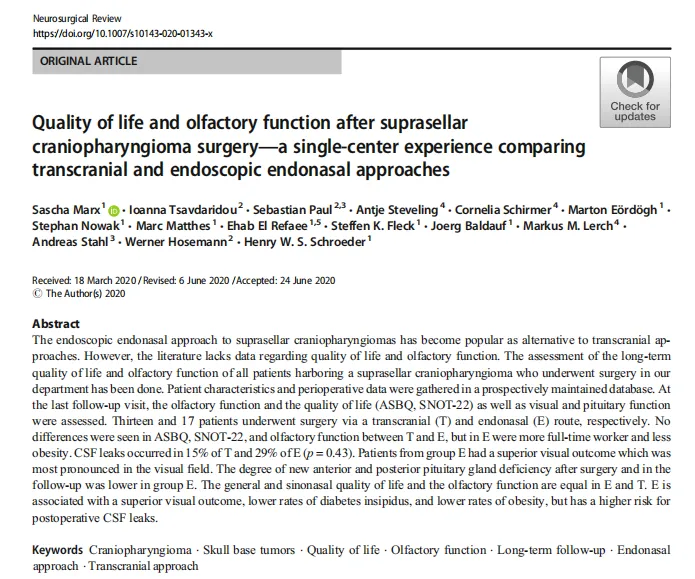 Quality of life and olfactory function after suprasellar craniopharyngioma surgery——a single-center experience comparing transcranial and endoscopic endonasal approaches