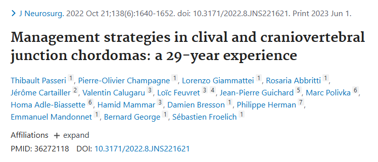 发表于《Journal of Neurosurgery》(神经外科杂志)上的论文《Management strategies in clival and craniovertebral junction chordomas: a 29-year experience》发表于《Journal of Neurosurgery》(神经外科杂志)上的论文《Management strategies in clival and craniovertebral junction chordomas: a 29-year experience》