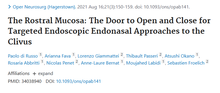 发表于《Operative Neurosurgery》(临床神经外科)上的论文《The Rostral Mucosa: The Door to Open and Close for Targeted Endoscopic Endonasal Approaches to the Clivus》