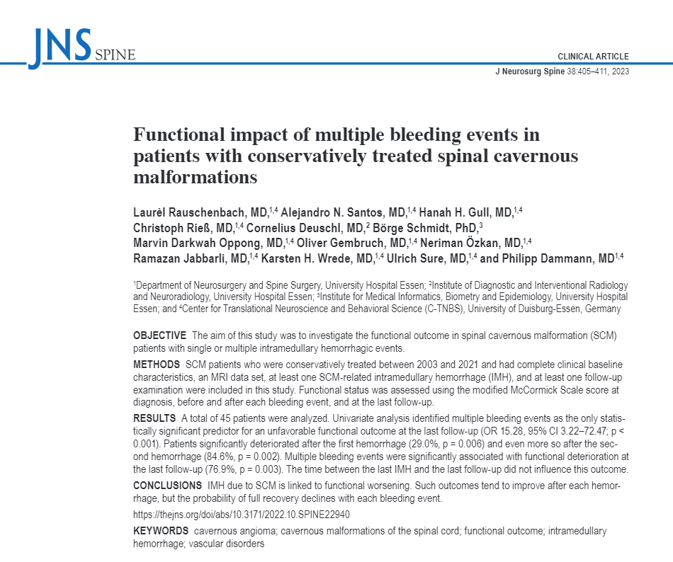 《Functional impact of multiple bleeding events in patients with conservatively treated spinal cavernous malformations》