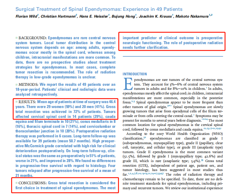 《Surgical Treatment of Spinal Ependymomas: Experience in 49 Patients》