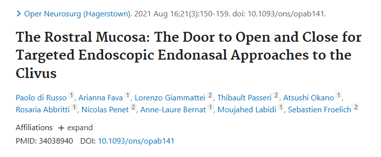 发表于《Operative Neurosurgery》(临床神经外科)上的论文《The Rostral Mucosa: The Door to Open and Close for Targeted Endoscopic Endonasal Approaches to the Clivus》