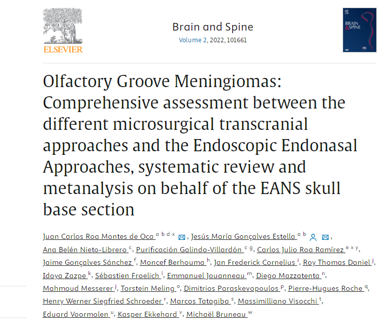 发布于《Brain and Spine》期刊上的论文《Olfactory Groove Meningiomas: Comprehensive assessment between the different microsurgical transcranial approaches and the Endoscopic Endonasal Approaches, systematic review and metanalysis on behalf of the EANS skull base section》