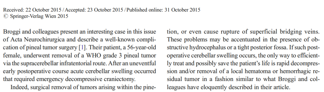 《Avoidance of postoperative acute cerebellar swelling after pineal tumor surgery》论文