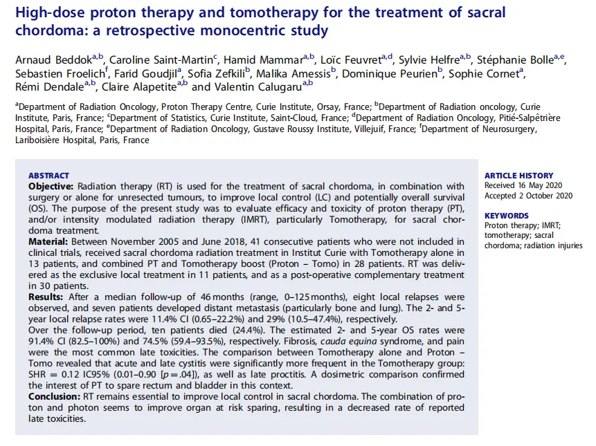 福教授发表于《Acta Oncologica》期刊上的论文《High-dose proton therapy and tomotherapy for the treatment of sacral chordoma: a retrospective monocentric study》（高剂量质子治疗和断层放疗治疗骶区脊索瘤：一项回顾性单中心研究）