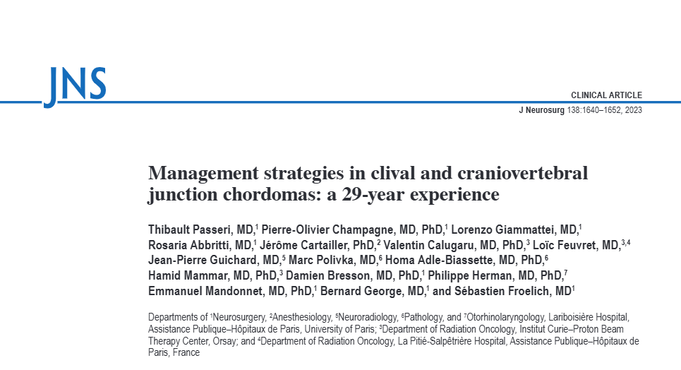福教授发表于《Journal of Neurosurgery》期刊上的论文《Management strategies in clival and craniovertebral junction chordomas: a 29-year experience》（斜坡和颅颈交界区脊索瘤的管理策略：29年经验分享）