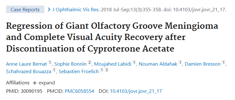 福教授发布于《Journal of Ophthalmic and Vision Research》上的论文：《Regression of Giant Olfactory Groove Meningioma and Complete Visual Acuity Recovery after Discontinuation of Cyproterone Acetate》(案例报告：在停用醋酸环丙孕酮后巨型嗅沟脑膜瘤的消退和视力的完全恢复)
