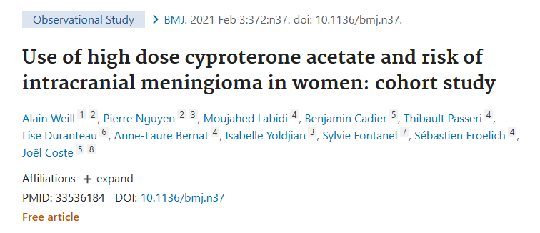 该研究结果出自福教授发布于《Bmj-british Medical Journal 》上的论文：《Use of high dose cyproterone acetate and risk of intracranial meningioma in women: cohort study》（高剂量醋酸环丙孕酮使用与女性颅内脑膜瘤风险：队列研究）