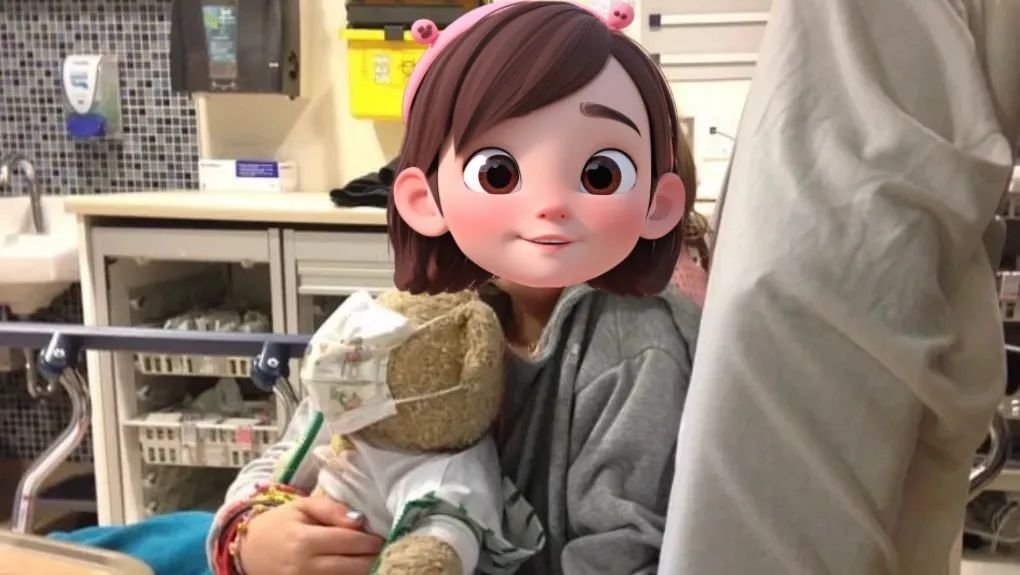 可爱的Jessica在医院拿着一个毛绒玩具