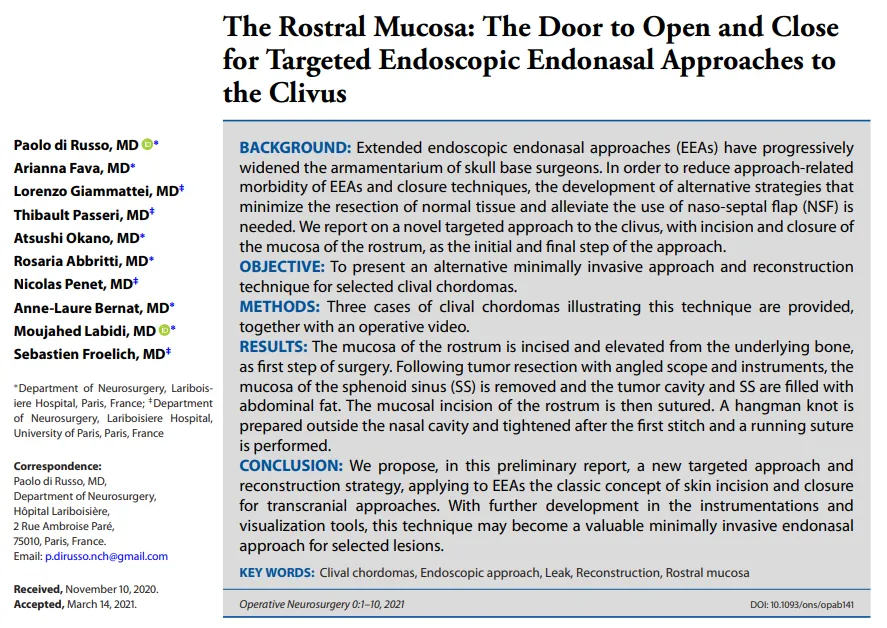发表于《Operative Neurosurgery》上的论文《The Rostral Mucosa: The Door to Open and Close for Targeted Endoscopic Endonasal Approaches to the Clivus》（蝶骨嘴黏膜：颅底斜坡病变经鼻内镜手术入路“开关”之门）