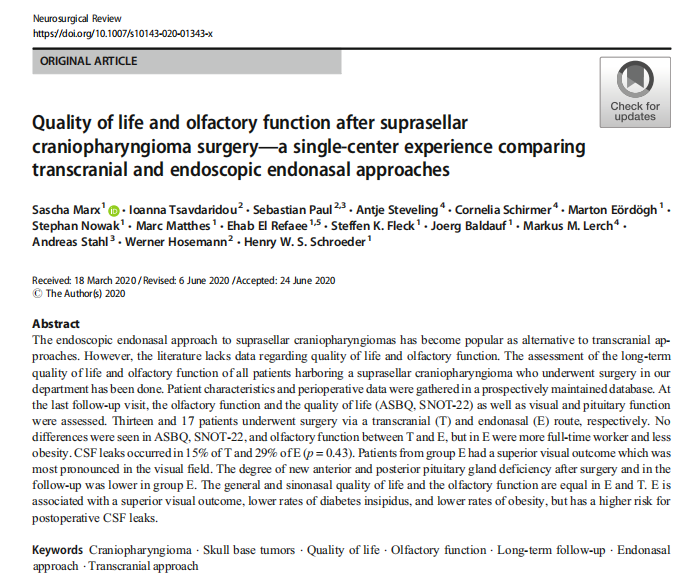施罗德教授发表于《Neurosurgical Review》上的论文《Quality of life and olfactory function after suprasellar craniopharyngioma surgery——a single-center experience comparing transcranial and endoscopic endonasal approaches》(生活质量与鞍上颅咽管瘤手术后嗅觉功能——单中心经验比较经颅入路和内镜鼻内入路)