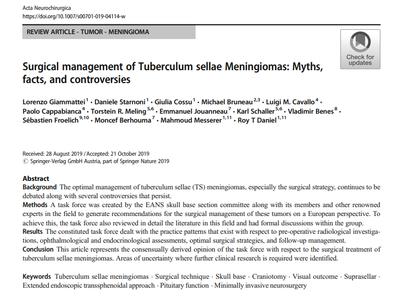 发表于期刊《Acta Neurochirurgica》上的论文《Surgical management of Tuberculum sellae Meningiomas: Myths, facts, and controversies》(鞍结节脑膜瘤的外科治疗：误区、事实和争议)