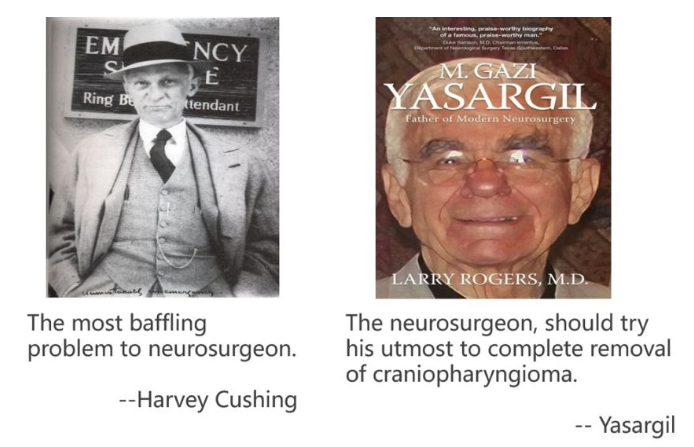 两位著名的西方神经外科大师 Harvey Cushing 和 Mahmut Gazi Yasargil 就曾分别说过：“颅咽管瘤是让神经外科医生极其困惑的难题”、“神经外科医生应尽最大努力去完整切除颅咽管瘤”。