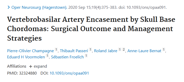发表于《Operative Neurosurgery》期刊上的论文《Vertebrobasilar Artery Encasement by Skull Base Chordomas: Surgical Outcome and Management Strategies》(颅底脊索瘤包裹椎基底动脉：手术结果与管理策略)