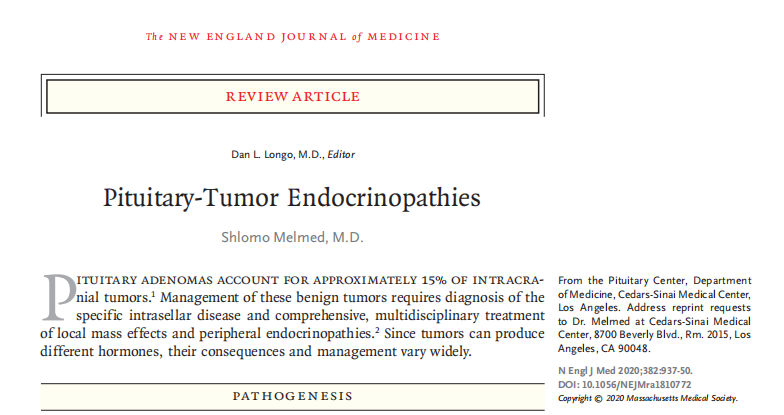一篇发表于《The New England Journal of Medecine》的研究向我们展示了垂体内分泌性肿瘤的发病机制。研究认为分化的、激素表达的垂体细胞谱系可引起腺瘤的发生，常伴有自发的激素超量分泌。不同的症状则取决于细胞的起源。