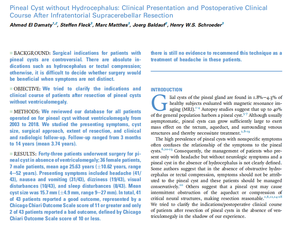 施罗德教授发表于《 World Neurosurgery》上的论文：《Pineal Cyst without Hydrocephalus: Clinical Presentation and Postoperative Clinical Course After Infratentorial Supracerebellar Resection》（无脑积水的松果体囊肿： 经幕下小脑上入路切除手术的临床表现及术后临床过程）