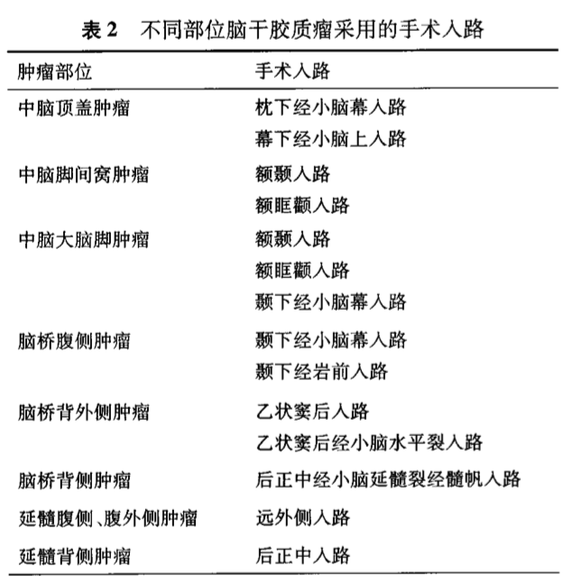 表2.不同部位脑干胶质瘤采用的手术入路。