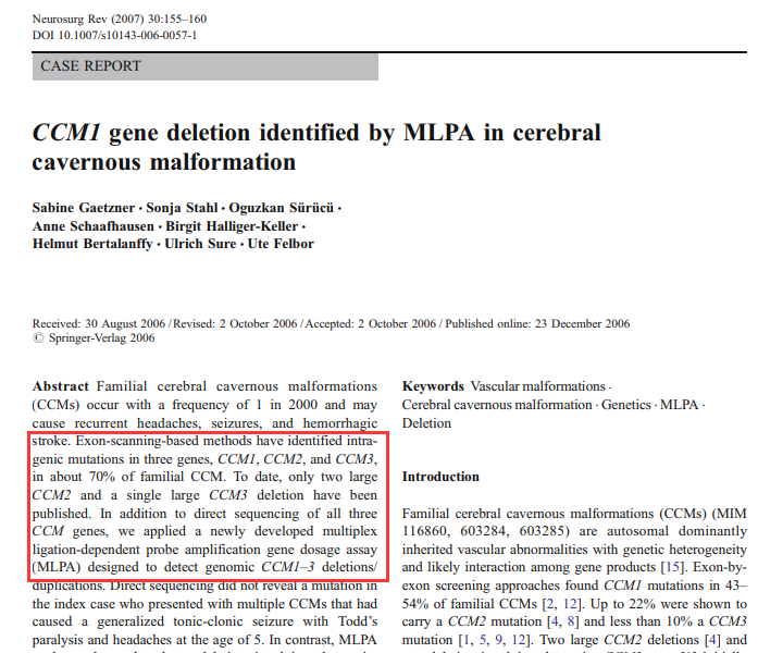 《CCM1 gene deletion identified by MLPA in cerebral cavernous malformation》