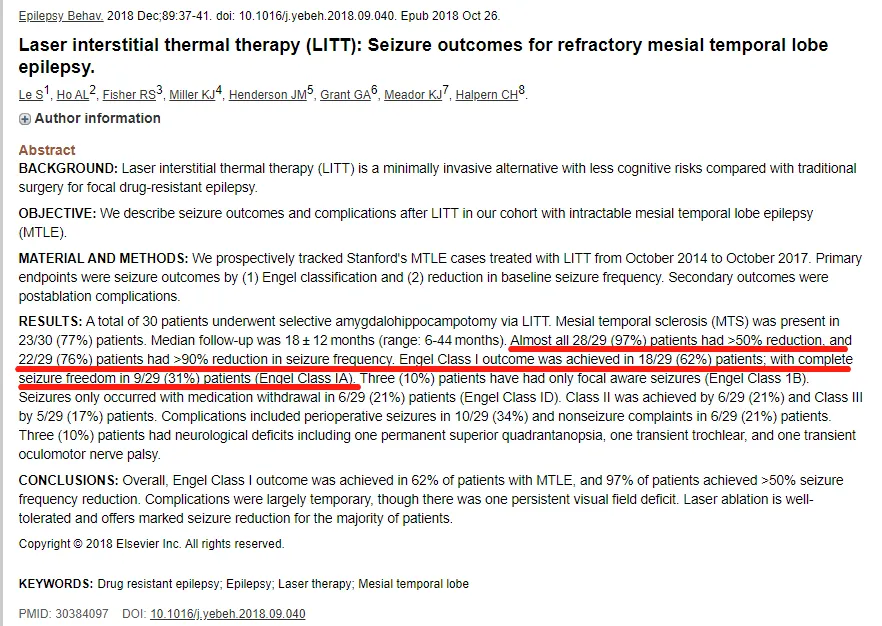 在接受LITT治疗的几乎所有（97%）患者中，癫痫发作频率降低>50％；76％患者的癫痫发作频率降低>90％；31％的患者完全没有癫痫发作。