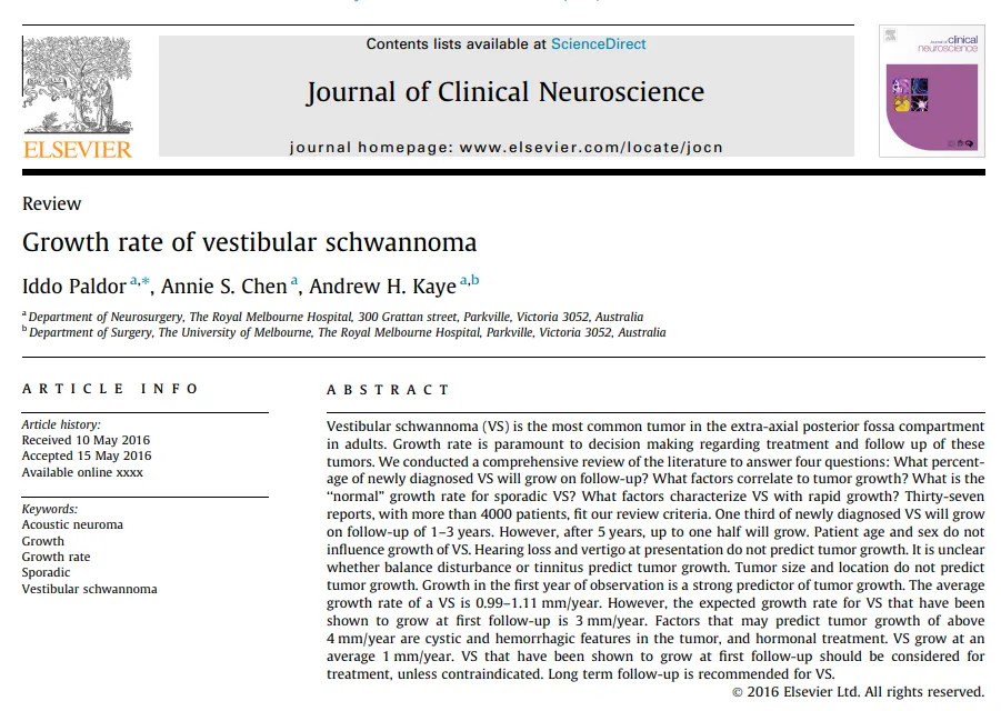 一项综述《Growth rate of vestibular schwannoma》，纳入37项研究，涵盖超过4000名患者。结果显示，在新诊断的听神经瘤病例中，约有三分之一的肿瘤在1至3年的随访期内会出现生长。然而，随访时间延长至5年后，发生生长的肿瘤比例可上升至约一半。