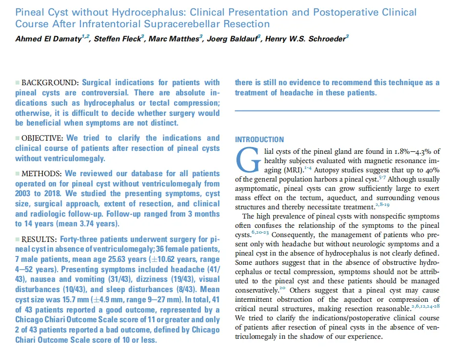 施罗德教授发表于《 World Neurosurgery》上的论文：《Pineal Cyst without Hydrocephalus: Clinical Presentation and Postoperative Clinical Course After Infratentorial Supracerebellar Resection》（无脑积水的松果体囊肿： 经幕下小脑上入路切除手术的临床表现及术后临床过程）