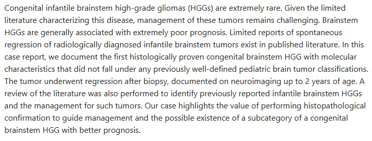 这是Rutka（鲁特卡）教授近期发表的一则名为《Rare regression of congenital brainstem high-grade glioma: case report and literature review》研究中的真实案例。
