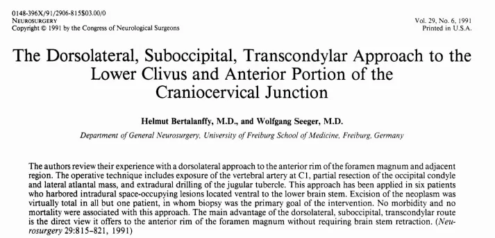 1991年，巴特朗菲教授与其导师Seeger教授发表了《The Dorsolateral,Suboccipital, Transcondylar Approach to the Lower Clivus and Anterior Portion of the Craniocervical Junction》