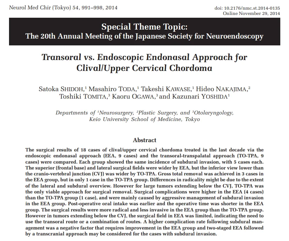 《Transoral vs. endoscopic endonasal approach for clival/upper cervical chordoma》