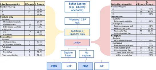图1展示了专家针对鞍区脑脊液渗漏缺损的修复方案。多数专家采用单层嵌片(60%)和单层覆盖片(87.5%),约四分之一专家使用两层或以上嵌片(27.5%)。