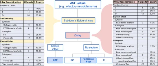 图4展示了专家修复大型前颅窝(ACF)缺损的多样化实践。多数专家(65%)偏好两层或以上嵌片,35%倾向单层嵌片。