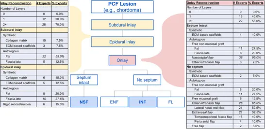 后颅窝(PCF)缺损修复在专家中存在高度异质性,尤以嵌片重建为著(图5)。专家最常使用至少两层嵌片(70%)和覆盖片(55%)。
