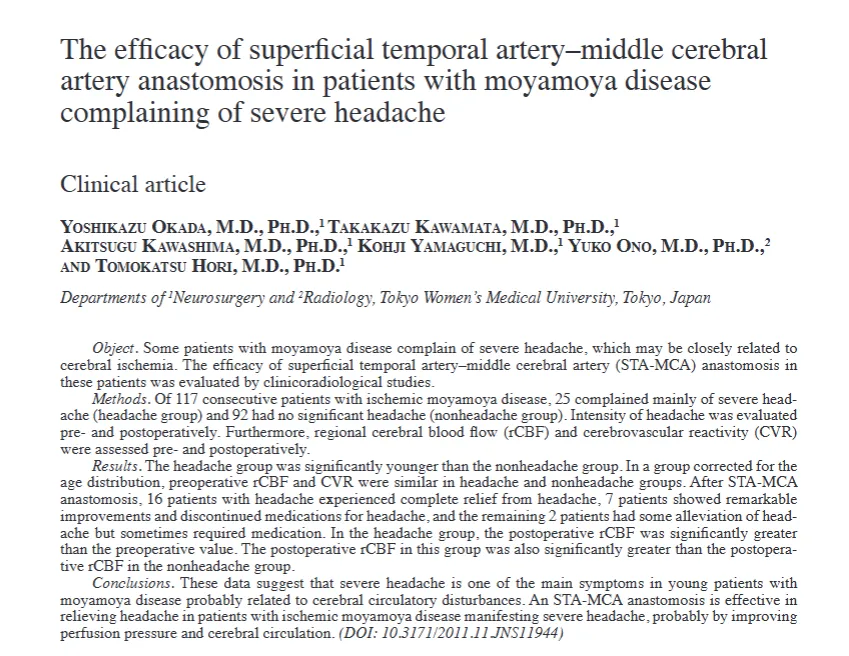 川岛明次(Akitsugu Kawashima)教授研究团队一篇发表于J Neurosurg的研究揭示了头痛与烟雾病之间的重要关联,并发现颞浅动脉 - 大脑中动脉吻合术 superficial temporal artery–middle cerebral artery (STA-MCA) ,不仅能改善脑缺血,还能有效缓解头痛。