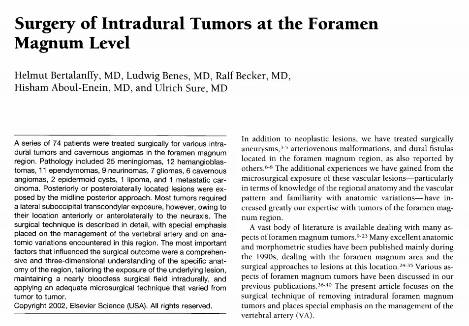 上述案例来自于巴教授等2002年发表的研究《Surgery of Intradural Tumors at the Foramen  Magnum Level》。