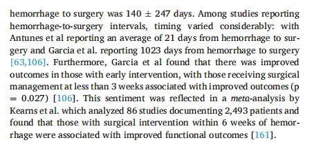 Garcia研究发现早期干预（出血后3周内手术）与预后改善显著相关（p=0.027）