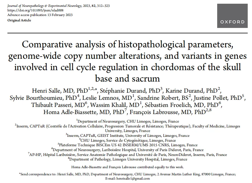 《Comparative analysis of histopathological parameters,genome-wide copy number alterations, and variants in genes involved in cell cycle regulation in chordomas of the skull base and sacrum 颅底和骶骨脊索瘤的组织病理学参数、全基因组拷贝数改变以及参与细胞周期调节的基因变异的比较分析》