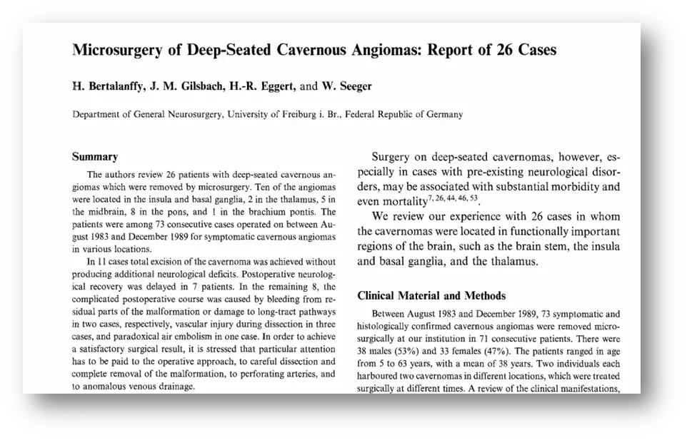《Microsurgery of Deep-Seated Cavernous Angiomas: Report of 26 Cases》