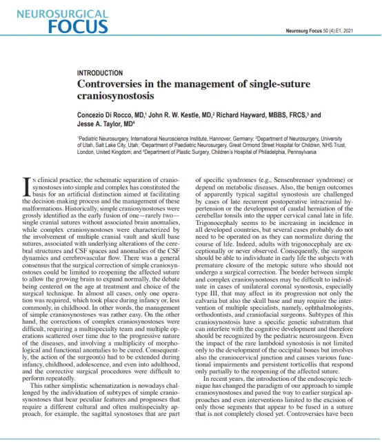 《Controversies in the management of single-suture craniosynostosis》(单缝颅缝早闭管理的争议)