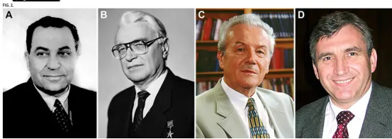 图2：乌克兰国家医学科学院罗莫达诺夫神经外科研究所历任所长：A：亚历山大·阿鲁秋诺夫教授（1951–1964年）B：安德烈·罗莫达诺夫教授（1964–1993年）C：尤里·佐祖利亚教授（1993–2013年）D：尤金·佩达琴科教授（2013–2023年）