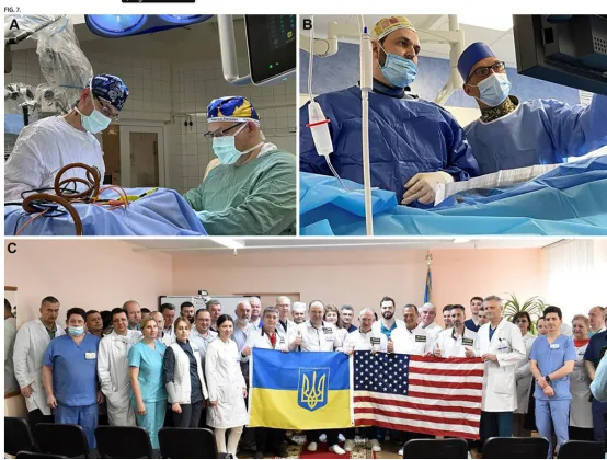 图7：国际合作拯救伤员。A：亚历克斯·瓦拉德卡教授（左，美国德克萨斯州达拉斯市）与安德烈·西尔科教授（右，乌克兰第聂伯市）共同进行开颅手术。B：尤里·切列德尼琴科医生（左，乌克兰第聂伯市）与罗科·阿蒙达教授（右，美国华盛顿特区）共同为颈部血管损伤患者实施血管内手术。C：梅奇尼科夫医院的美国与乌克兰神经外科医生及工作人员。