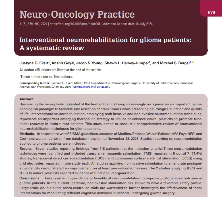 《Interventional neurorehabilitation for glioma patients: A systematic review 胶质瘤患者介入性神经康复治疗：系统性综述》