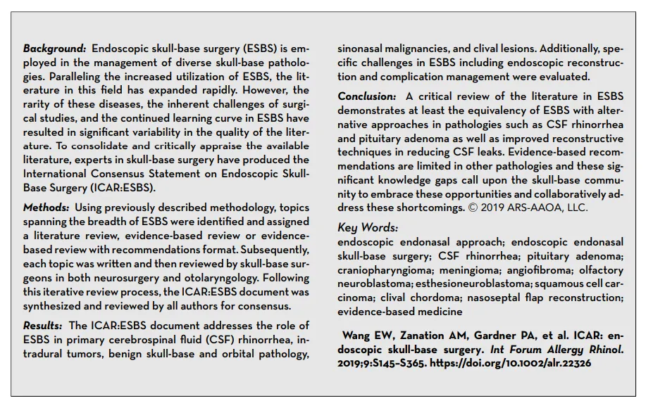 由于该类疾病相对罕见、手术操作难度高且学习曲线漫长等挑战，以INC国际神经外科医生集团旗下组织世界神经外科顾问团（WANG）成员，Sebastien Froelich教授（塞巴斯蒂安·福洛里希，“福教授”）在内的多名国际颅底外科专家共同制定了关于内镜颅底手术的国际共识声明（ICAR:ESBS）。