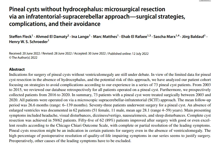 INC国际神经外科医生集团旗下组织世界神经外科顾问团(WANG)成员Henry W.S. Schroeder教授(施罗德教授)在论文中分享了无脑室扩大的情况下切除松果体囊肿的经验,要不要手术,手术有哪些并发症,以及如何避免。