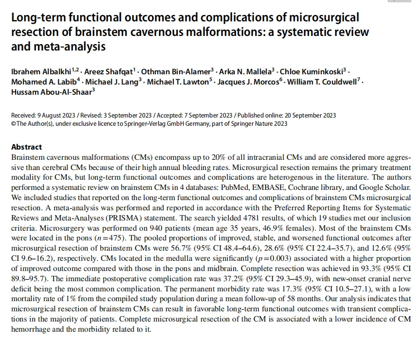 INC两大国际教授等对4个数据库(PubMed、EMBASE、Cochrane图书馆和Google Scholar)中有关脑干海绵状血管瘤的文献进行了系统评价。我们纳入了报告脑干海绵状血管瘤显微手术切除术后长期功能结局及并发症的研究。按照系统评价和荟萃分析首选报告项目(PRISMA)声明进行了荟萃分析。