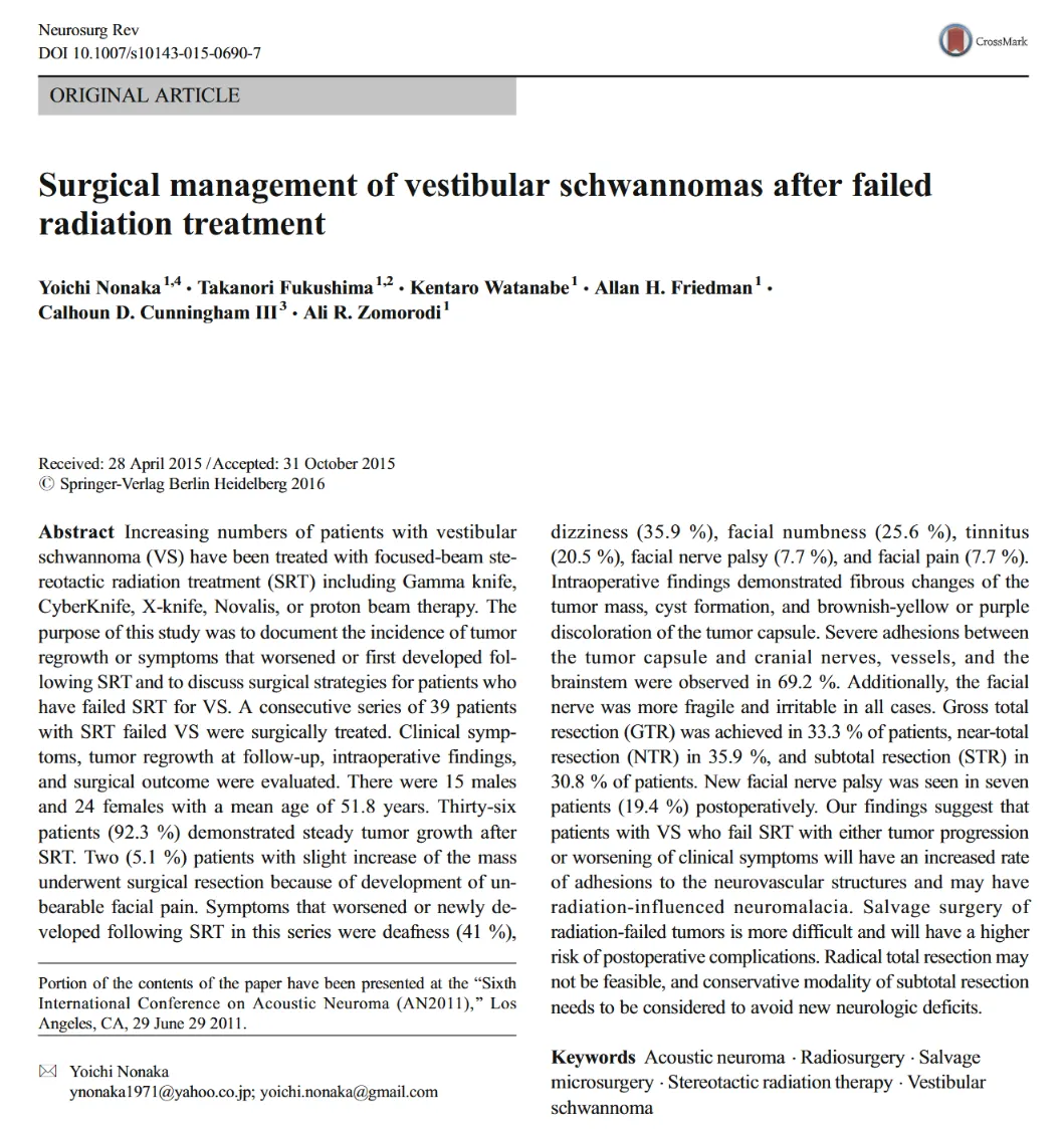 在过去20年里,越来越多的听瘤患者选择放疗(伽马刀)这种不用开颅的治疗方式。但仍有部分患者会出现肿瘤复发、症状加重,这时就需要外科手术来 “挽救”。