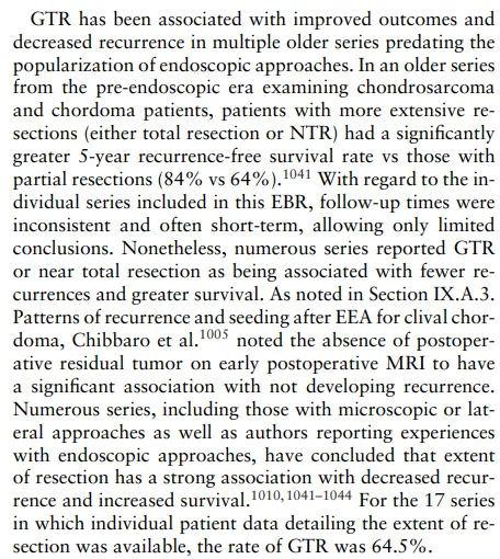 相关研究显示，全切除或近全切除患者的5年无复发生存率显著高于部分切除组（84% vs 64%）