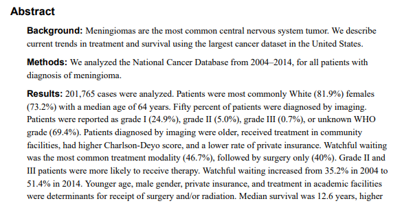 2004-2014年美国国家癌症数据库（National Cancer Database，NCDB）中所有被诊断为脑膜瘤的患者数据。