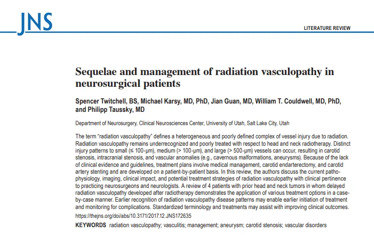《Sequelae and management of radiation vasculopathy in neurosurgical patients》（神经外科患者放射性血管病变的后遗症与管理）