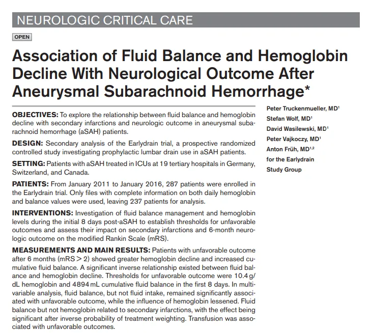 动脉瘤破裂后体液平衡与血红蛋白下降对预后的影响——3个国家19家医院患者研